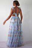 Frill Straps Cutout Tie Up Floral Print Tulle Maxi Dresses-Blue Pre Order