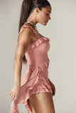 Square Neck Tiered Ruffle Sash Party Asymmetric Mini Dresses-Pink