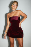 Strapless Satin Patchwork A-Line Cocktail Party Solid Velvet Mini Dresses-Red