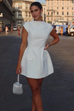 Round Neck Short Sleeve A-Line Solid Color Mini Dresses-White