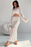 Hollow Out Long Sleeve Crop Top Maxi Skirt Plain Matching Set-Beige