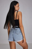 Denim High Waist Raw Edge Irregular Skort-Blue