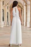 Halter All Over Pleated Wide Leg Jumpsuit