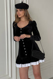 Long Sleeve U Neck Button Up Layered Trim A-Line Velvet Mini Dresses-Black