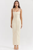 Halter Neck Backless Zipper Split Formal Party Maxi Dresses-Beige