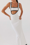 Knit Colorblock Trim Square Neck Cutout Slim Fit Backless Slip Maxi Dresses-Black