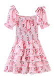 Floral Print Puff Sleeve Bow Decor Tiered Ruffled Mini Dresses-Pink