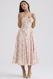 Sleeveless Halter Floral Print Corset A-Line Garden Party Midi Dresses-Pink