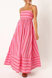 Boat Neck Spaghetti Strap A-Line Backless Striped Print Maxi Dresses-Pink