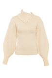 Irregular Folded Stand Collar Lantern Sleeve Sweater Plain Pants Matching Set-Beige