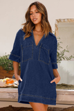 Denim V Neck Half Sleeve Pockets Loose Fit Mini Dresses-Navy