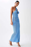 3D Flower Decor Slim Fit Backless Knit Halter Maxi Dresses-Blue