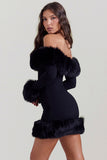 Off Shoulder Long Sleeve Faux Fur Cuff Trim Cocktail Party Bodycon Mini Dresses-Black