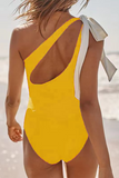 One Shoulder Tie Up Bow Backless Plain One-Piece Swimsuit-Black