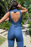 Irregular Neck Sleeveless Slim Heart Shape Cutout Zipper Denim Jumpsuits