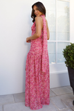 Ditsy Floral Print Cutout Neck Wrap High Slit Flowy Maxi Dresses-Pink