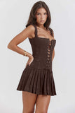 Lace-Up Corset Sleeveless Pleated Jacquard Mini Dress-Black