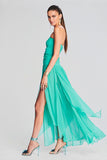 Strapless Boat Neck Ruched Pleated High Slit Tulle Formal Party Maxi Dresses