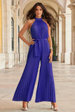 Halter All Over Pleated Wide Leg Jumpsuit