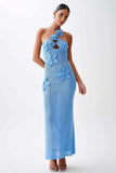 3D Flower Decor Slim Fit Backless Knit Halter Maxi Dresses-Blue