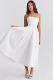 Elegant Strapless Corset Back Zipper Pleated Midi Dresses-White