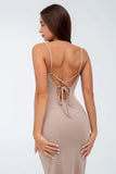 Solid Color Knit Slim Fit Backless Tie Up Midi Slip Dresses-Khaki