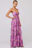 Floral Print Front Tie Up Spaghetti Strap Flowy Maxi Dresses-Orange