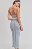 Halter Backless Scratch Knit See-Through Slim-Fit Midi Dresses-Blue