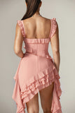 Square Neck Tiered Ruffle Sash Party Asymmetric Mini Dresses-Pink