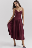 Irregular Neck Corset A-Line Pleated Hem Satin Slip Midi Dresses-Burgundy