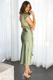 Satin Boat Neck Short Sleeve Backless Twisted Slit Flowy Bridesmaid Midi Dress