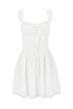 A-line White Boat Neck Tied Up Cami Backless Lace Up Pleated Embroidery Hem Mini Dresses