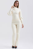 Irregular Folded Stand Collar Lantern Sleeve Sweater Plain Pants Matching Set-Beige