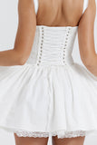 A-line White Boat Neck Tied Up Cami Backless Lace Up Pleated Embroidery Hem Mini Dresses