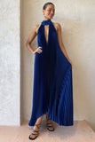 Halter Tied Up Cutout Neck Pleated Backless Asymmetric Hem Wedding Guest Maxi Dresses