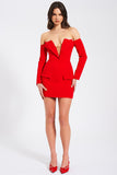 Deep V Collar Off Shoulder Long Sleeve Mini Blazer Dresses-Red