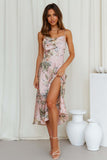 Vacation Cami Boat Neck Floral Print Slit Satin Vacation Midi Dress