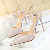 Burnished Plain Pointy Toe Ankle Strap Buckle Stiletto Heels