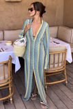 Crochet Abstract Striped Pattern Deep V Neck Flare Sleeve Slit Maxi Dresses-Green