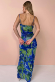 Abstract Floral Print Tie Up Slim Fit Ruffled Maxi Slip Dresses-Blue