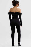 Off Shoulder Feather Trim Long Sleeve Velvet Jumpsuit