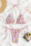 Tied Up Halter Irregular Neck Pleated Floral Print 2 Pieces Bikini Sets