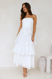 Strapless A-Line Layered Ruffled Hem Maxi Dresses-White