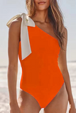 One Shoulder Tie Up Bow Backless Plain One-Piece Swimsuit-Black