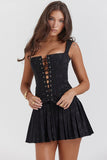 Lace-Up Corset Sleeveless Pleated Jacquard Mini Dress-Black