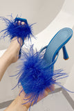 Feather Square Toe Slip On High Heel Sandals