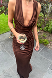 Sleeveless Cowl Neckline Ruched Backless Maxi Dresses-Brown Pre Order