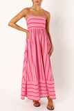 Boat Neck Spaghetti Strap A-Line Backless Striped Print Maxi Dresses-Pink