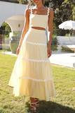 Colorblock Ripple Trim Crop Cami High Waist A-Line Maxi Skirt Matching Set-White