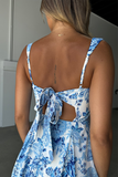 Floral Print Square Neckline Tie Up Backless Slip Mini Dresses-Blue